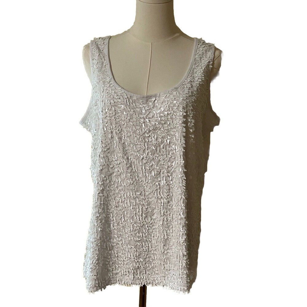 Twiggy London Tank Top Large White Sequins Front  HSN Classic Silhouette